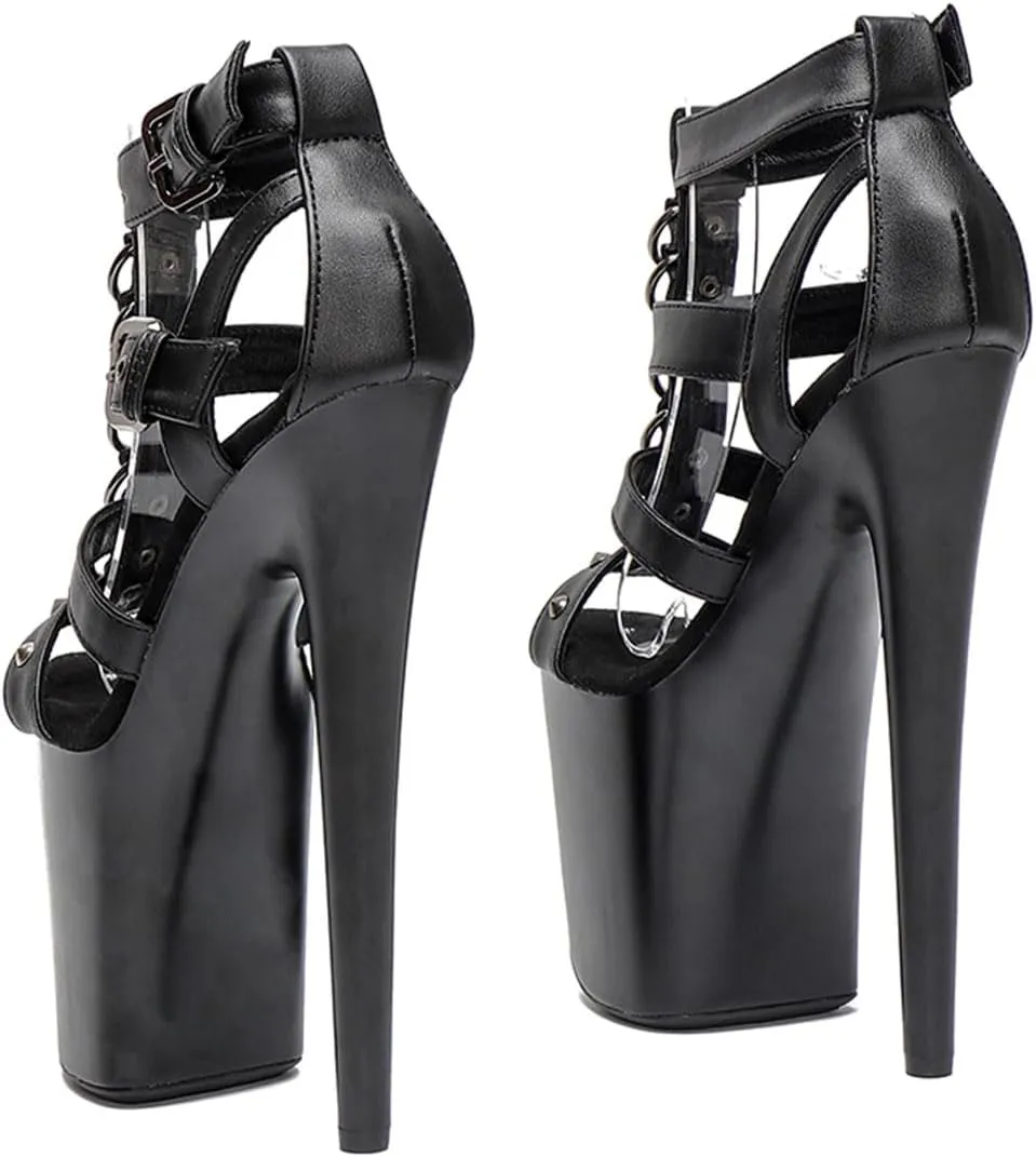 WUXIN H&P Women's Exotic High Heel Sandal 8 Inch Mirror Round Toe Platform Hollow Fashion Model Sexy Stiletto Custom Pole Dance Ankle-Strap Dress shoes