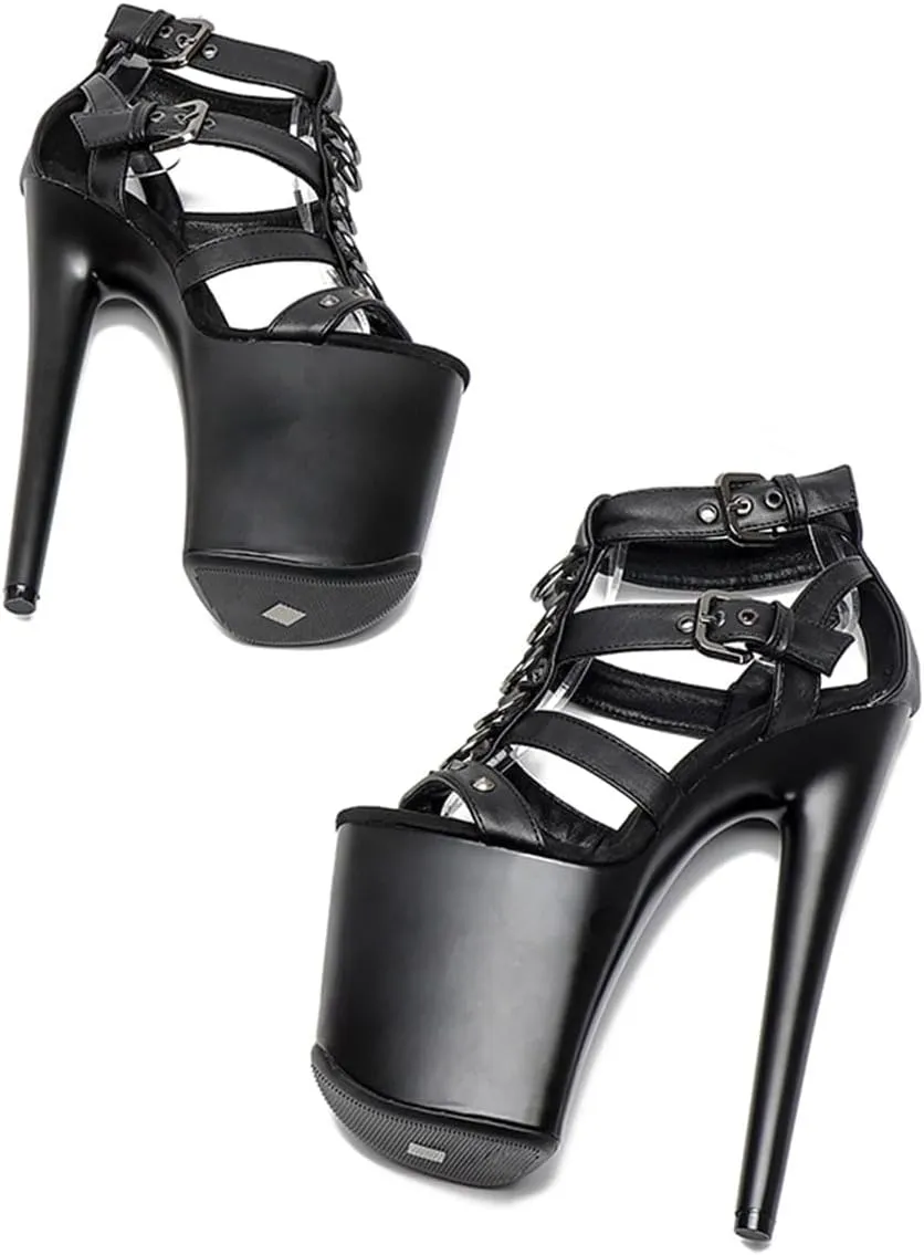 WUXIN H&P Women's Exotic High Heel Sandal 8 Inch Mirror Round Toe Platform Hollow Fashion Model Sexy Stiletto Custom Pole Dance Ankle-Strap Dress shoes