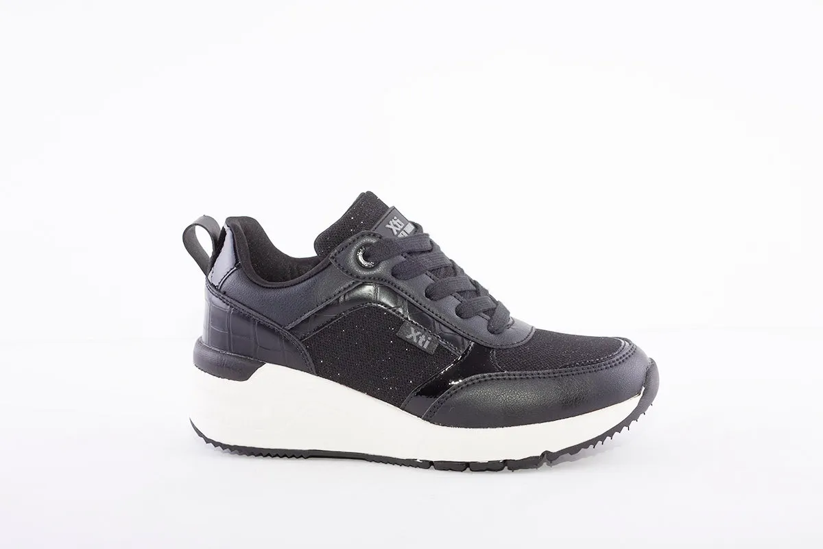 XTI - 43122 LACED WEDGE FASHION TRAINER - BLACK COMBI