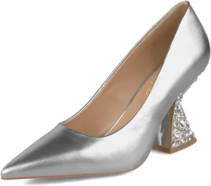 XYD Women Closed Pointed Toe Pumps Bejeweled Rhinestone Flared High Heels Slip On Evening Prom Sparkle Shoes