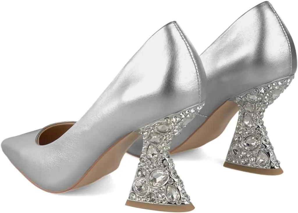 XYD Women Closed Pointed Toe Pumps Bejeweled Rhinestone Flared High Heels Slip On Evening Prom Sparkle Shoes