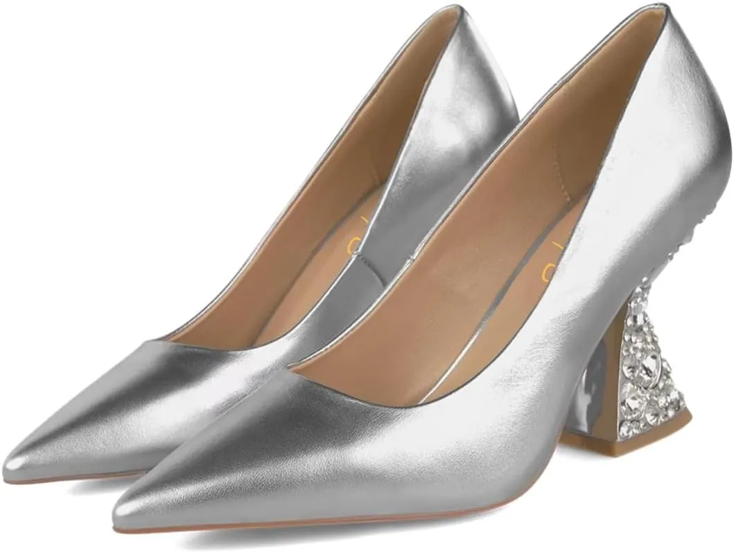 XYD Women Closed Pointed Toe Pumps Bejeweled Rhinestone Flared High Heels Slip On Evening Prom Sparkle Shoes