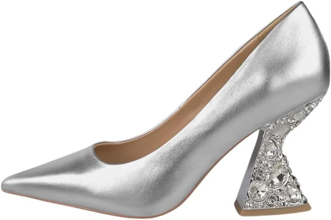 XYD Women Closed Pointed Toe Pumps Bejeweled Rhinestone Flared High Heels Slip On Evening Prom Sparkle Shoes