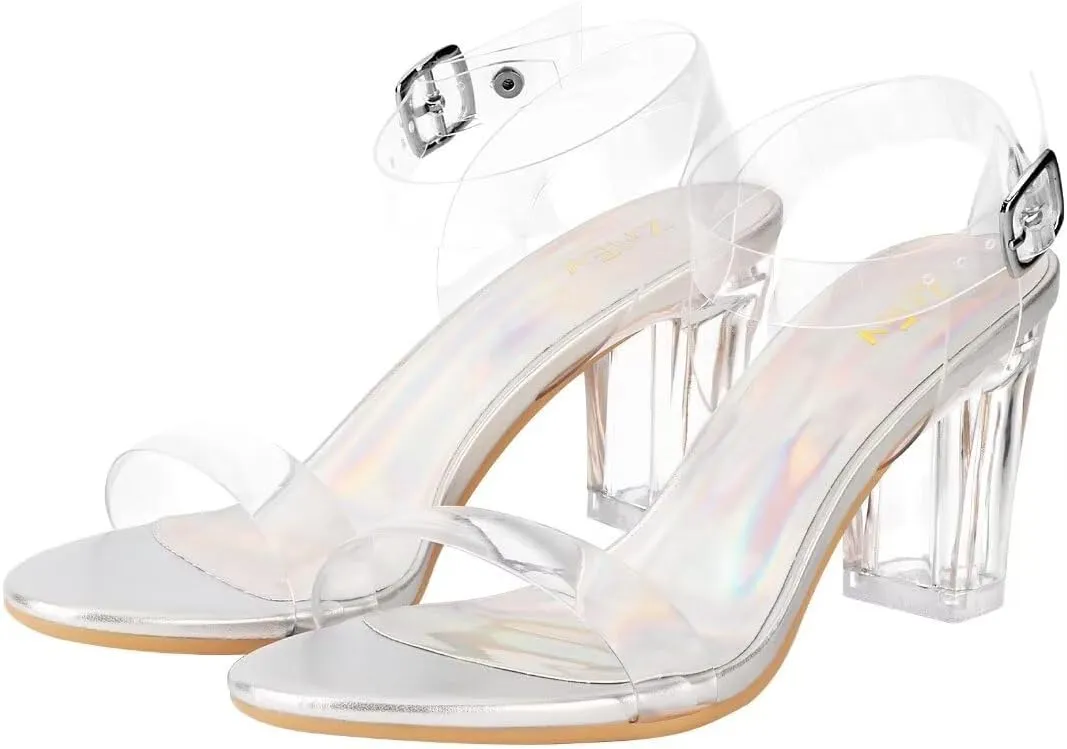 ZriEy Women's Clear Heels Chunky Block Mid High Heeled Sandals Open Toe Transparent Ankle Strap Dress Pump Shoes for Women in Daily Wear Party Wedding