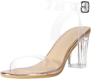 ZriEy Women's Clear Heels Chunky Block Mid High Heeled Sandals Open Toe Transparent Ankle Strap Dress Pump Shoes for Women in Daily Wear Party Wedding