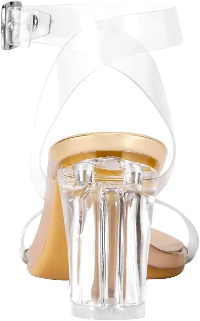 ZriEy Women's Clear Heels Chunky Block Mid High Heeled Sandals Open Toe Transparent Ankle Strap Dress Pump Shoes for Women in Daily Wear Party Wedding