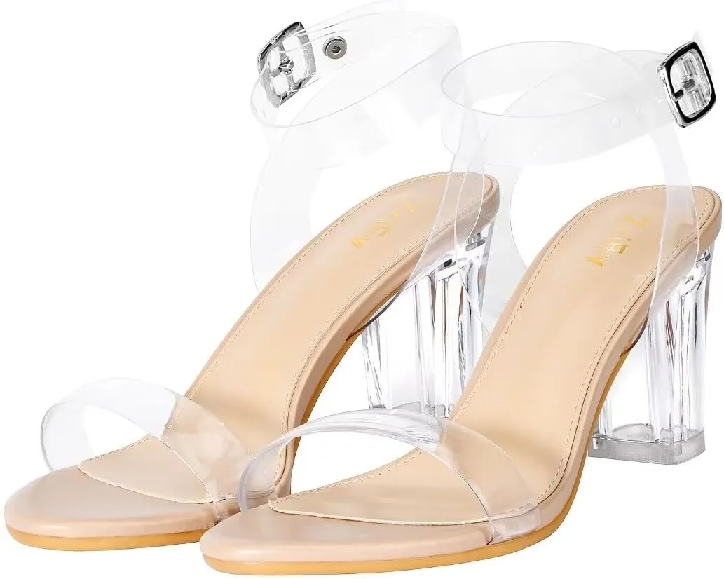 ZriEy Women's Clear Heels Chunky Block Mid High Heeled Sandals Open Toe Transparent Ankle Strap Dress Pump Shoes for Women in Daily Wear Party Wedding