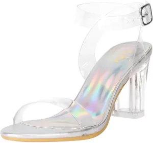 ZriEy Women's Clear Heels Chunky Block Mid High Heeled Sandals Open Toe Transparent Ankle Strap Dress Pump Shoes for Women in Daily Wear Party Wedding