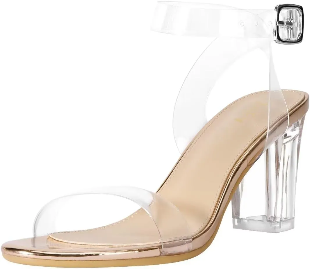 ZriEy Women's Clear Heels Chunky Block Mid High Heeled Sandals Open Toe Transparent Ankle Strap Dress Pump Shoes for Women in Daily Wear Party Wedding