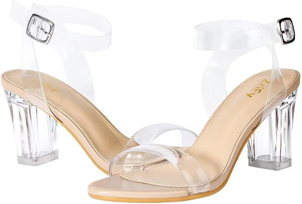 ZriEy Women's Clear Heels Chunky Block Mid High Heeled Sandals Open Toe Transparent Ankle Strap Dress Pump Shoes for Women in Daily Wear Party Wedding