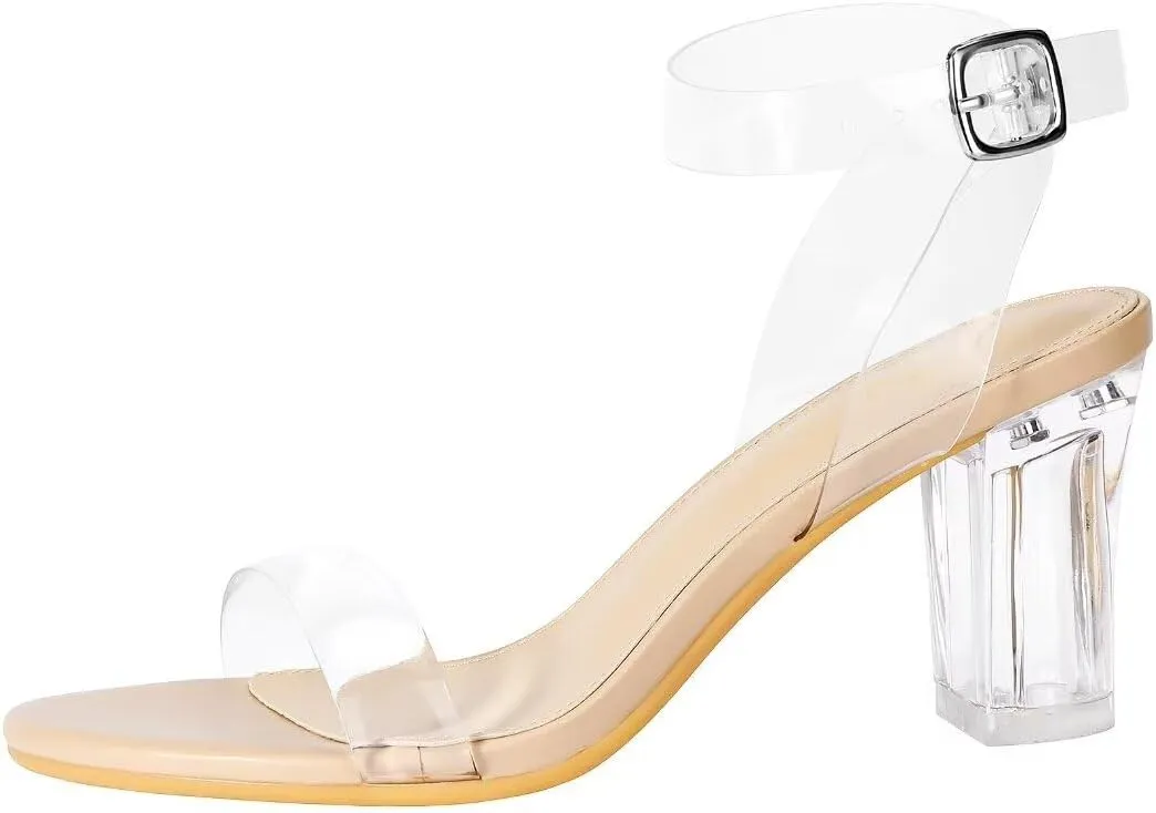 ZriEy Women's Clear Heels Chunky Block Mid High Heeled Sandals Open Toe Transparent Ankle Strap Dress Pump Shoes for Women in Daily Wear Party Wedding