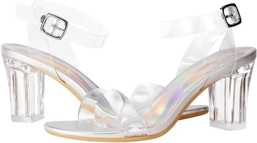 ZriEy Women's Clear Heels Chunky Block Mid High Heeled Sandals Open Toe Transparent Ankle Strap Dress Pump Shoes for Women in Daily Wear Party Wedding