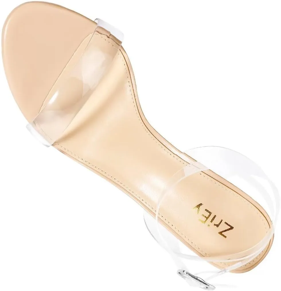 ZriEy Women's Clear Heels Chunky Block Mid High Heeled Sandals Open Toe Transparent Ankle Strap Dress Pump Shoes for Women in Daily Wear Party Wedding
