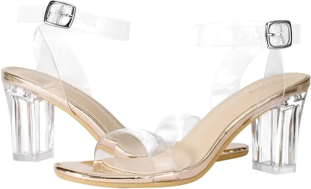 ZriEy Women's Clear Heels Chunky Block Mid High Heeled Sandals Open Toe Transparent Ankle Strap Dress Pump Shoes for Women in Daily Wear Party Wedding