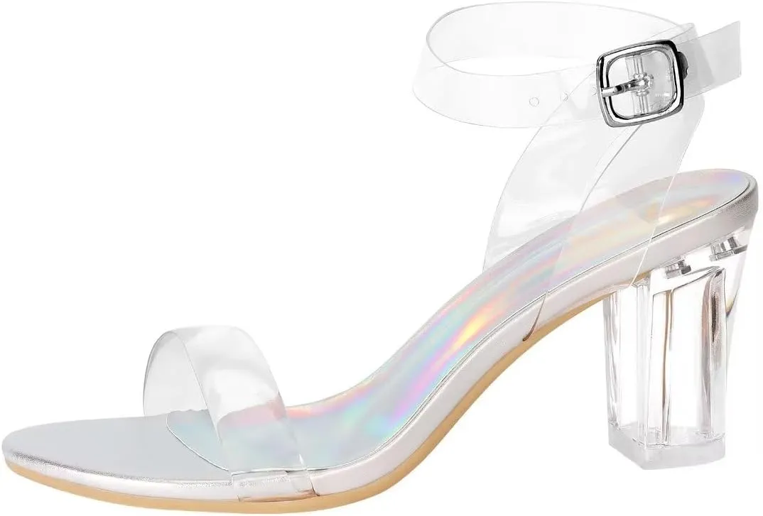 ZriEy Women's Clear Heels Chunky Block Mid High Heeled Sandals Open Toe Transparent Ankle Strap Dress Pump Shoes for Women in Daily Wear Party Wedding
