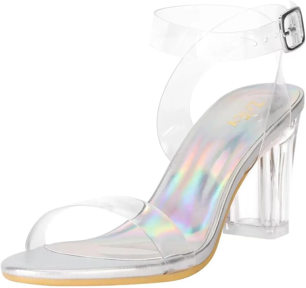 ZriEy Women's Clear Heels Chunky Block Mid High Heeled Sandals Open Toe Transparent Ankle Strap Dress Pump Shoes for Women in Daily Wear Party Wedding