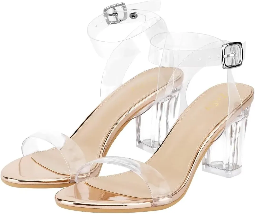 ZriEy Women's Clear Heels Chunky Block Mid High Heeled Sandals Open Toe Transparent Ankle Strap Dress Pump Shoes for Women in Daily Wear Party Wedding