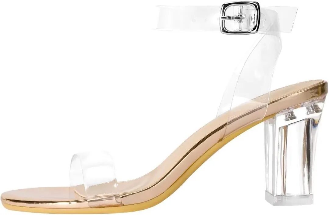 ZriEy Women's Clear Heels Chunky Block Mid High Heeled Sandals Open Toe Transparent Ankle Strap Dress Pump Shoes for Women in Daily Wear Party Wedding